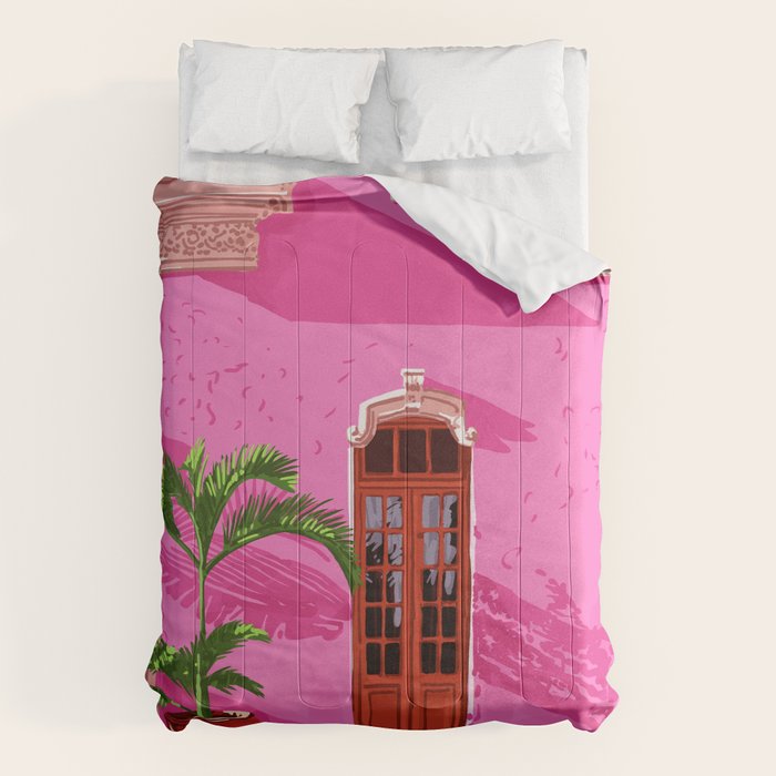 Pink Building Architecture | Pop Art Travel House Painting | Modern Bohemian Décor Spain Palace Comforter Gallery Image 6