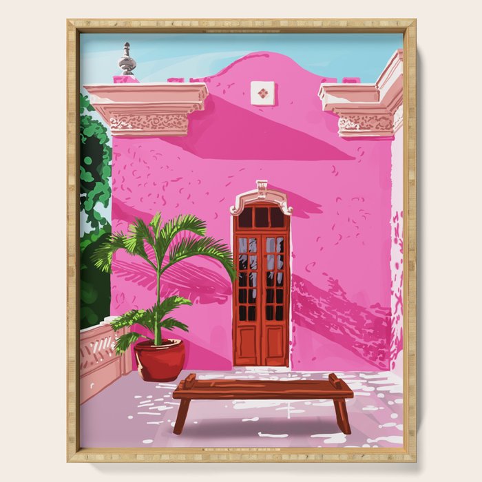 Pink Building Architecture | Pop Art Travel House Painting | Modern Bohemian Décor Spain Palace Serving Tray Gallery Image 1