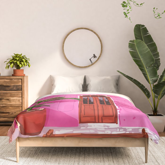 Pink Building Architecture | Pop Art Travel House Painting | Modern Bohemian Décor Spain Palace Comforter Gallery Image 3