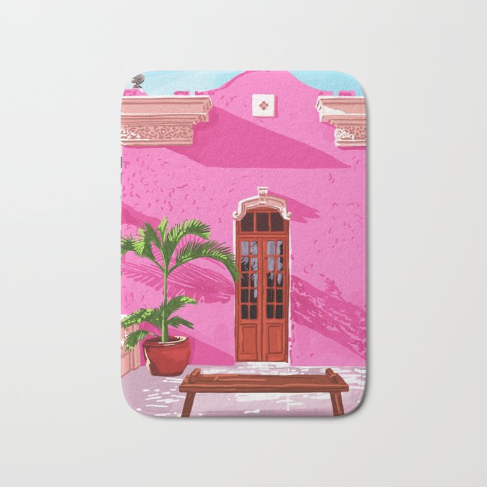 Pink Building Architecture | Pop Art Travel House Painting | Modern Bohemian Décor Spain Palace Bath Mat Gallery Image 1