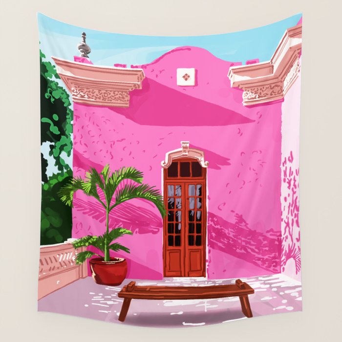 Pink Building Architecture | Pop Art Travel House Painting | Modern Bohemian Décor Spain Palace Wall Tapestry Gallery Image 4
