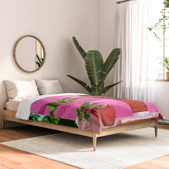 Pink Building Architecture | Pop Art Travel House Painting | Modern Bohemian Décor Spain Palace Comforter Gallery Image 2