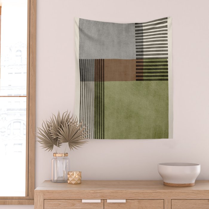 Olive Green Brown Gray Black Bold Lines Artwork Wall Tapestry Gallery Image 2