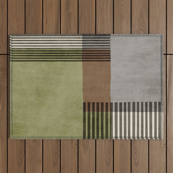 Olive Green Brown Gray Black Bold Lines Artwork Outdoor Rug Gallery Image 1