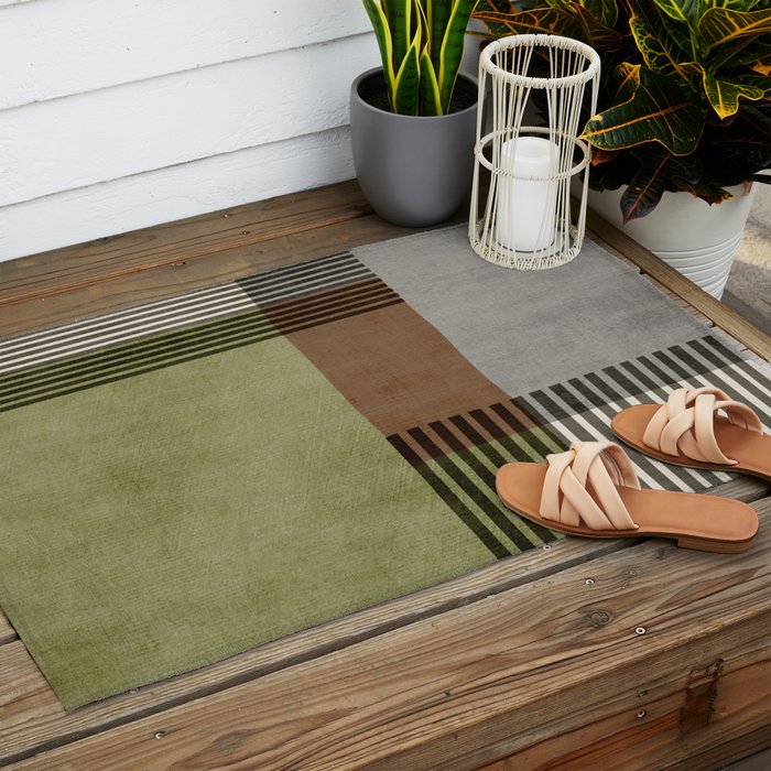 Olive Green Brown Gray Black Bold Lines Artwork Outdoor Rug Gallery Image 2
