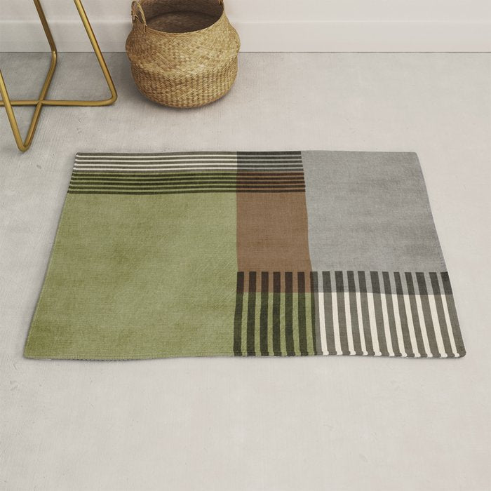 Olive Green Brown Gray Black Bold Lines Artwork Rug Gallery Image 1