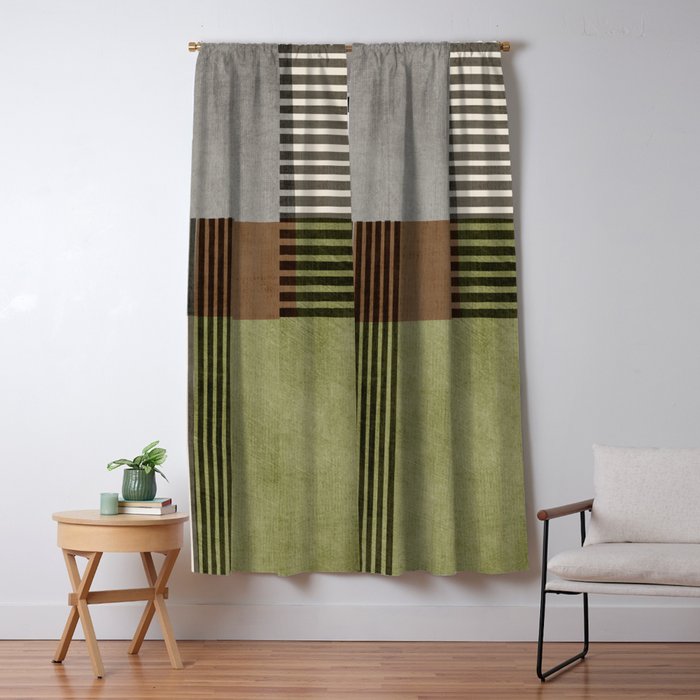 Olive Green Brown Gray Black Bold Lines Artwork Window Curtain Gallery Image 5