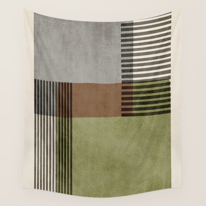 Olive Green Brown Gray Black Bold Lines Artwork Wall Tapestry Gallery Image 4
