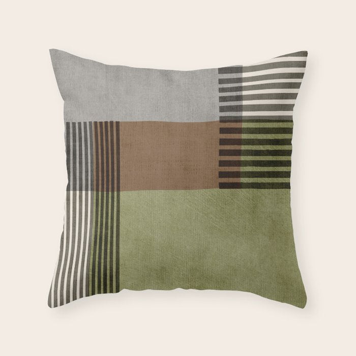 Olive Green Brown Gray Black Bold Lines Artwork Throw Pillow Gallery Image 2