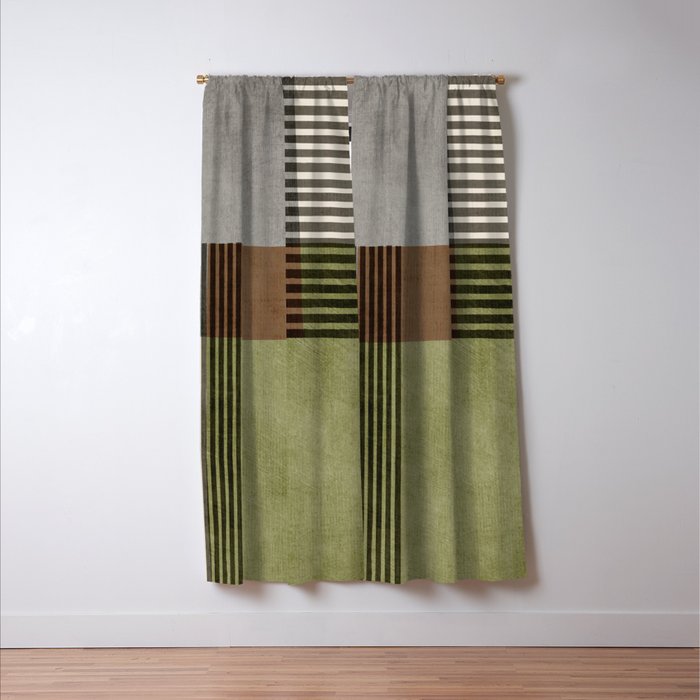 Olive Green Brown Gray Black Bold Lines Artwork Window Curtain Gallery Image 3