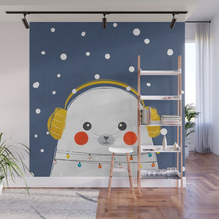 Christmas Baby Seal with fairy lights Wall Mural Gallery Image 1