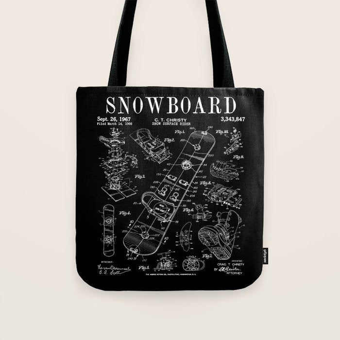 Snowboard Winter Snowboarding Vintage Patent Drawing Print Tote Bag Gallery Image 1