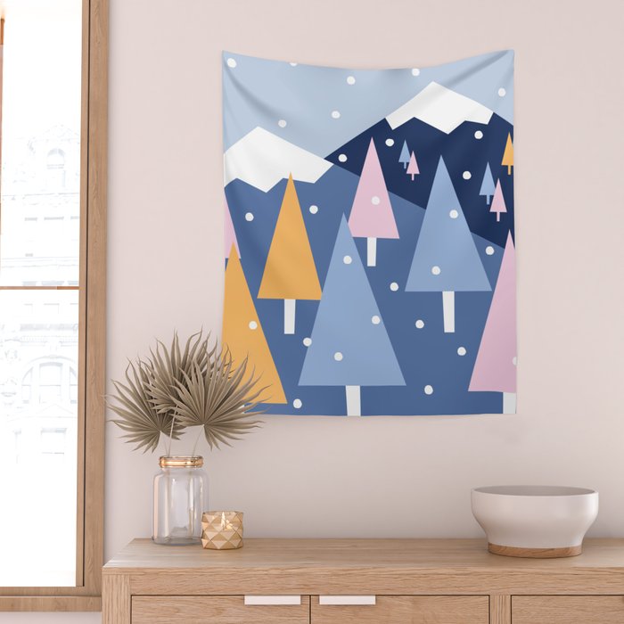 Snowy mountains and trees Wall Tapestry Gallery Image 2