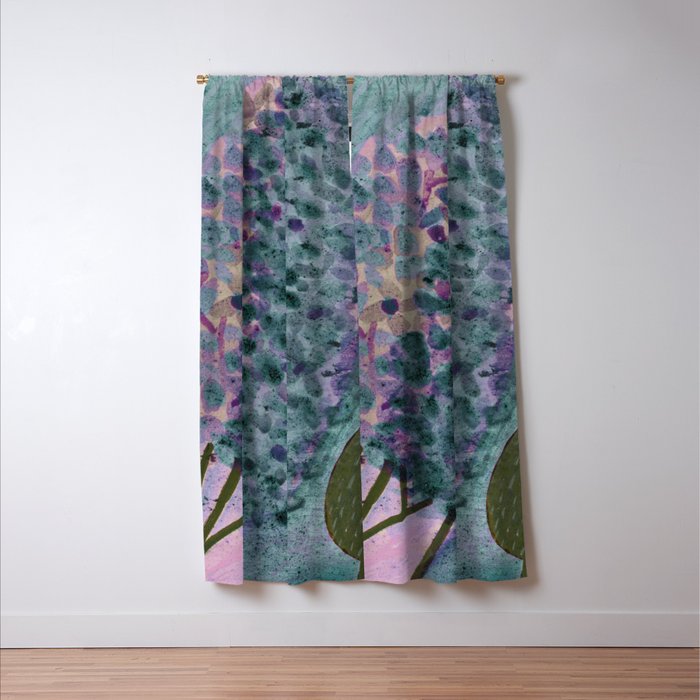 Garden Lilac Flower Painting in Teal & Pink Window Curtain Gallery Image 3
