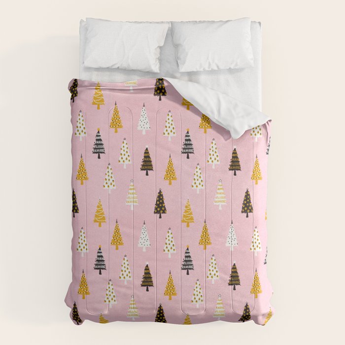 Christmas Trees Modern Pink Pattern #pinkchristmas #christmaspattern Comforter Gallery Image 1
