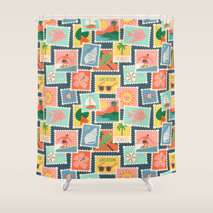 Summer travel postage stamp sticker pattern Shower Curtain Gallery Image 1