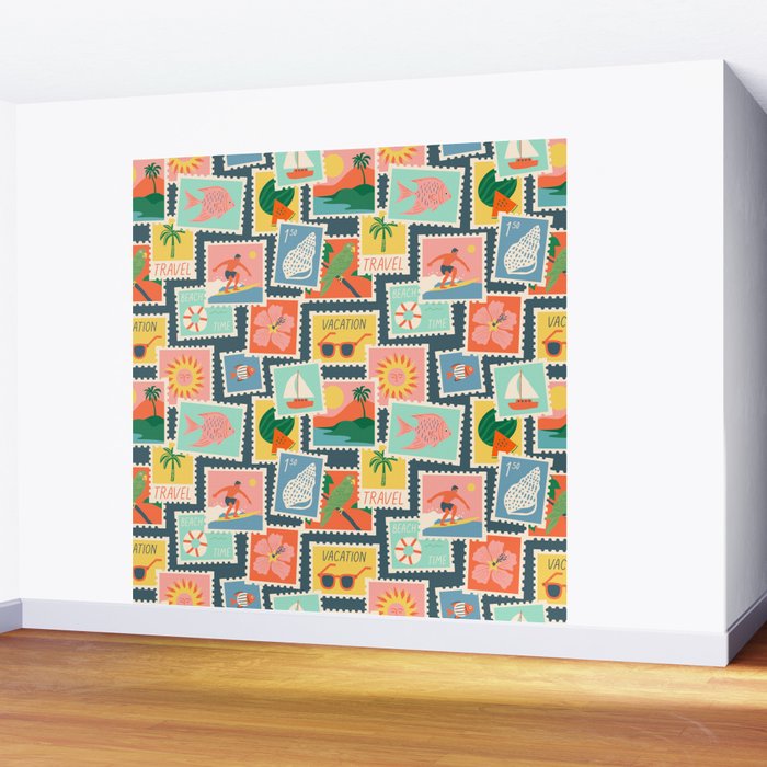 Summer travel postage stamp sticker pattern Wall Mural Gallery Image 2
