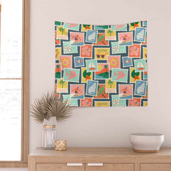 Summer travel postage stamp sticker pattern Wall Tapestry Gallery Image 2