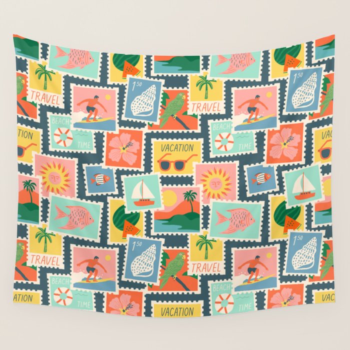 Summer travel postage stamp sticker pattern Wall Tapestry Gallery Image 4