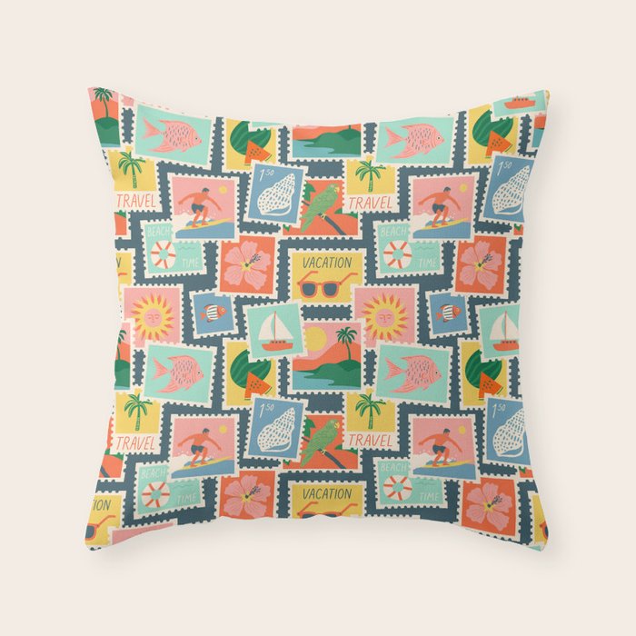 Summer travel postage stamp sticker pattern Throw Pillow Gallery Image 1