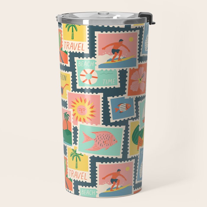 Summer travel postage stamp sticker pattern Travel Mug Gallery Image 2