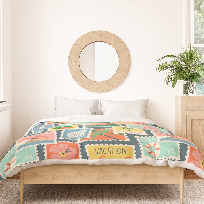 Summer travel postage stamp sticker pattern Duvet Cover Gallery Image 3
