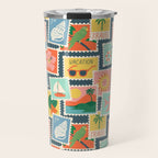 Summer travel postage stamp sticker pattern Travel Mug Gallery Image 1