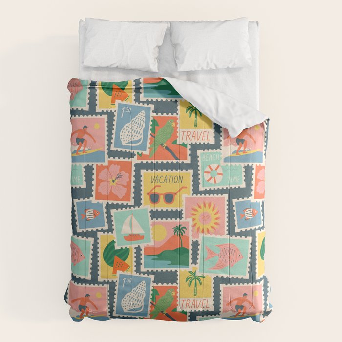 Summer travel postage stamp sticker pattern Comforter Gallery Image 6