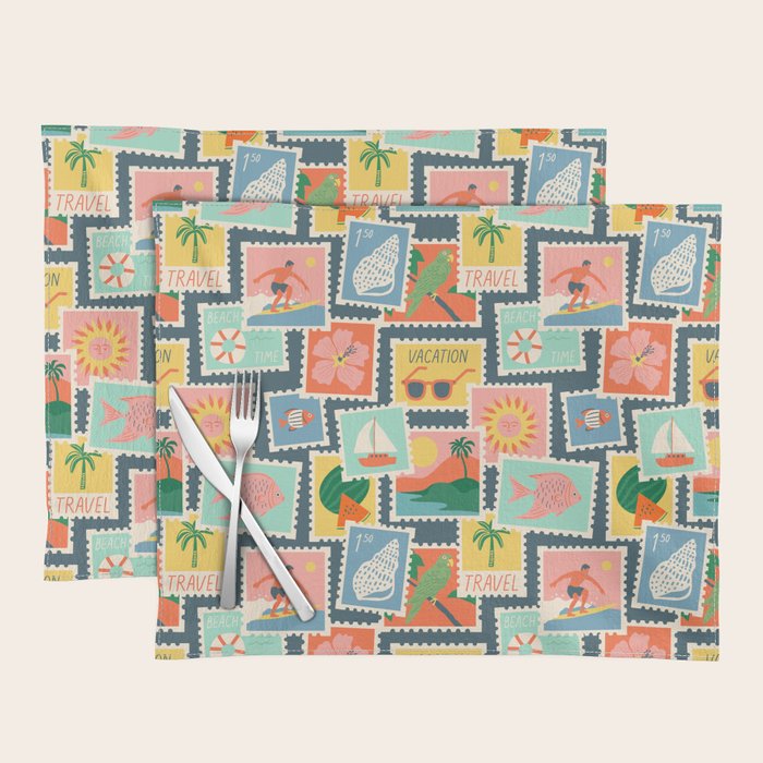 Summer travel postage stamp sticker pattern Placemat Gallery Image 1