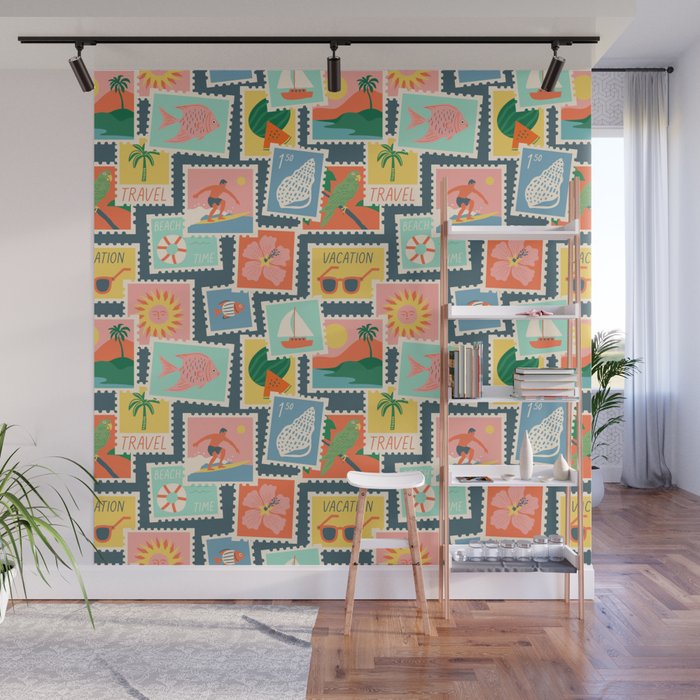 Summer travel postage stamp sticker pattern Wall Mural Gallery Image 1