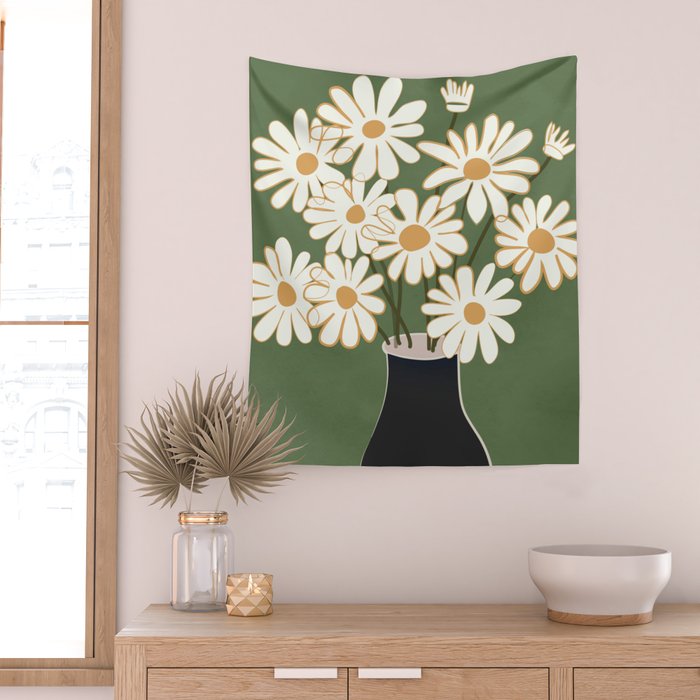 White Daisy Bouquets in Vase 3 Wall Tapestry Gallery Image 2