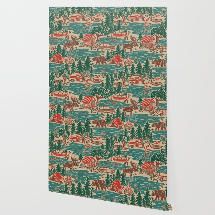 North Country Summer - vintage teal, green, brown, and red Wallpaper Gallery Image 2