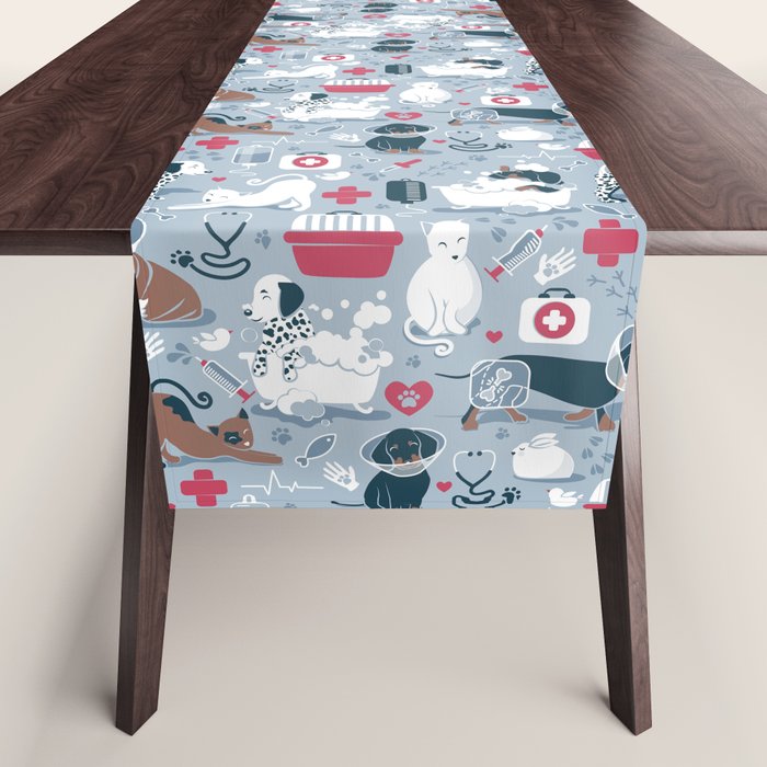 Veterinary medicine, happy and healthy friends // pastel blue background Table Runner Gallery Image 1