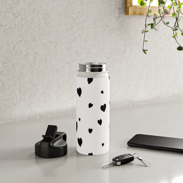 Hand-Drawn Hearts (Black & White Pattern) Water Bottle Gallery Image 4