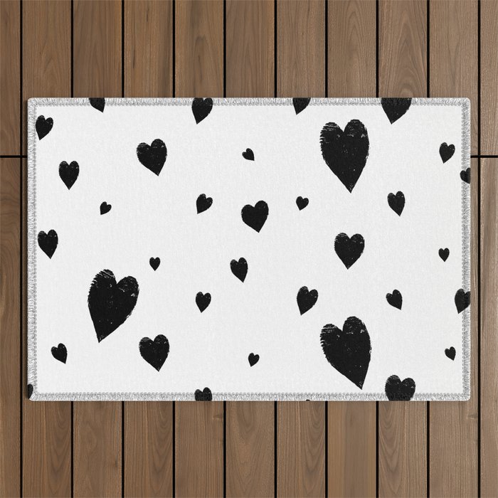 Hand-Drawn Hearts (Black & White Pattern) Outdoor Rug Gallery Image 1