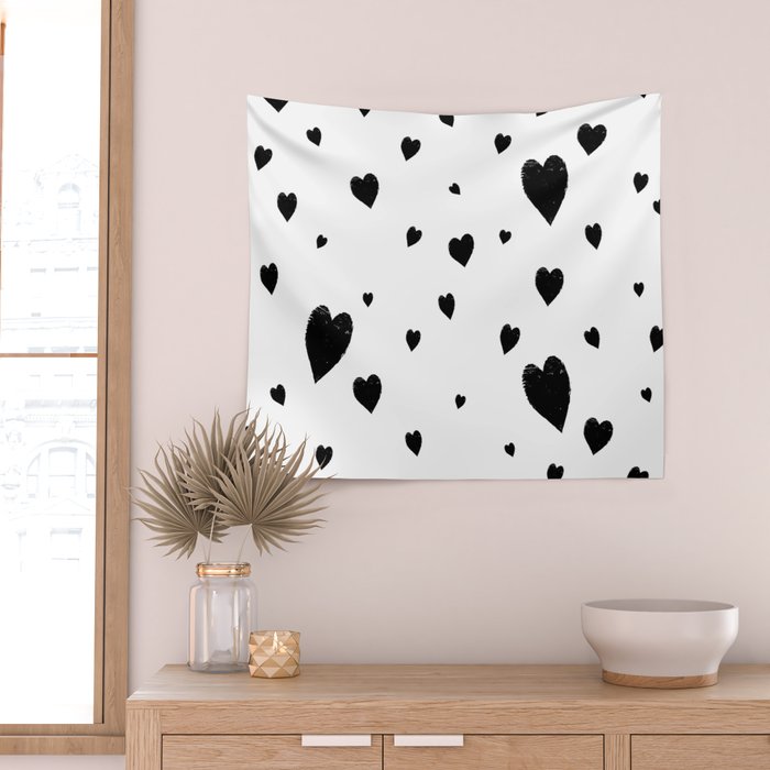 Hand-Drawn Hearts (Black & White Pattern) Wall Tapestry Gallery Image 2