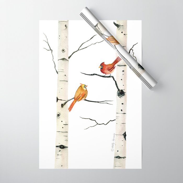 Cardinal Couple in Birch Trees Wrapping Paper Gallery Image 1