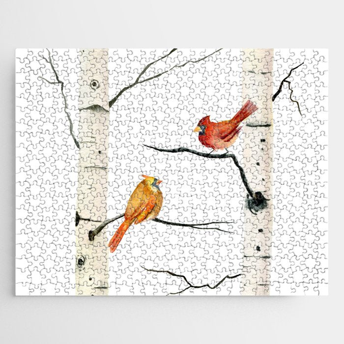 Cardinal Couple in Birch Trees Jigsaw Puzzle Gallery Image 1