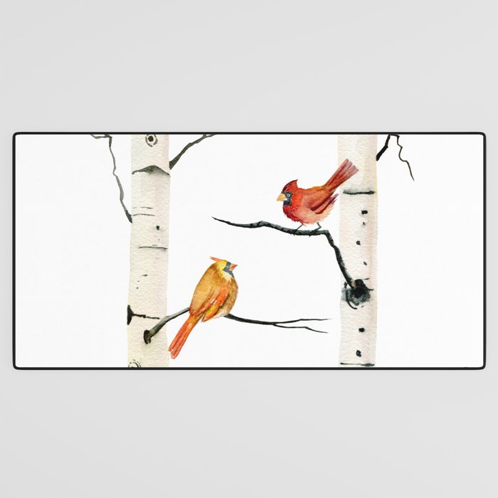 Cardinal Couple in Birch Trees Desk Mat Gallery Image 3