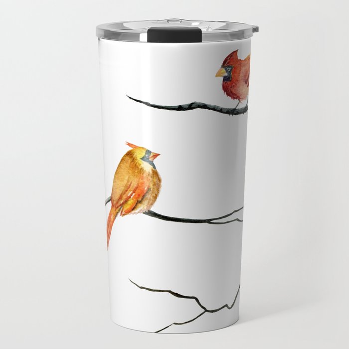 Cardinal Couple in Birch Trees Travel Mug Gallery Image 1