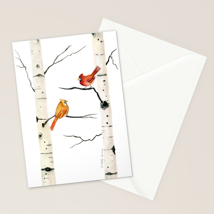 Cardinal Couple in Birch Trees Stationery Card Gallery Image 2