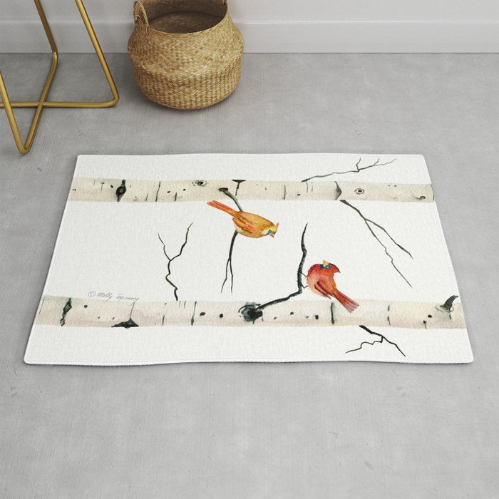 Cardinal Couple in Birch Trees Rug Gallery Image 1