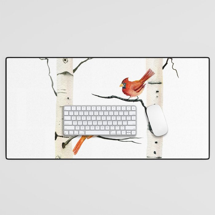 Cardinal Couple in Birch Trees Desk Mat Gallery Image 1