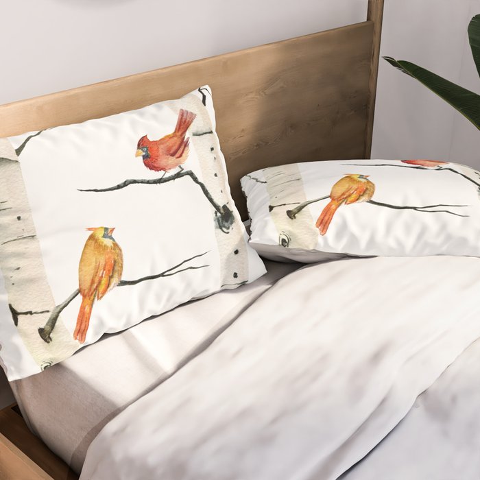 Cardinal Couple in Birch Trees Pillow Sham Gallery Image 2