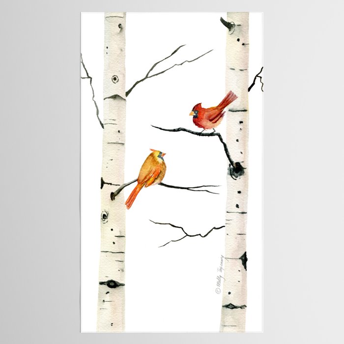 Cardinal Couple in Birch Trees Tablecloth Gallery Image 2