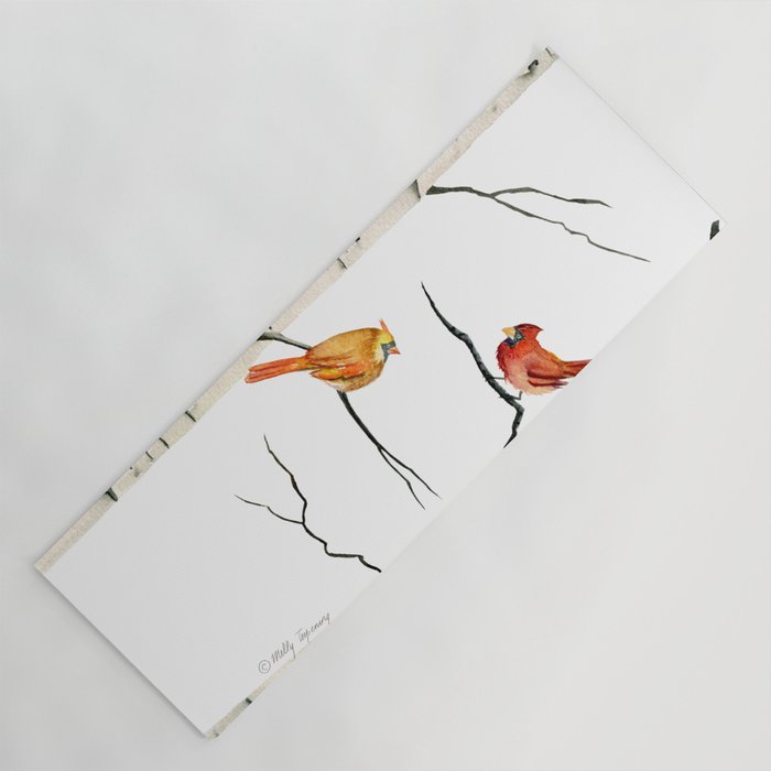 Cardinal Couple in Birch Trees Yoga Mat Gallery Image 1
