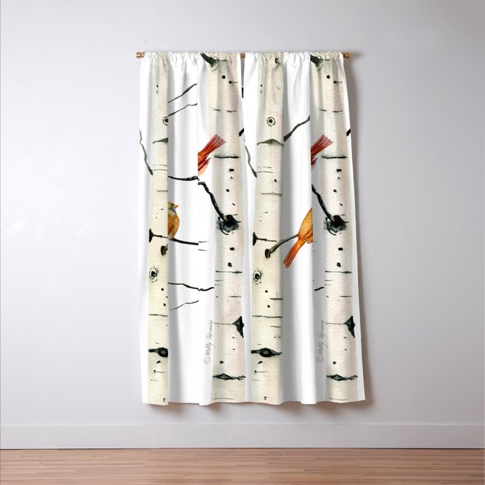 Cardinal Couple in Birch Trees Window Curtain Gallery Image 3