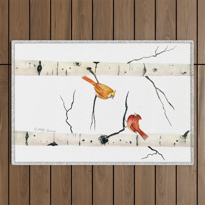 Cardinal Couple in Birch Trees Outdoor Rug Gallery Image 1