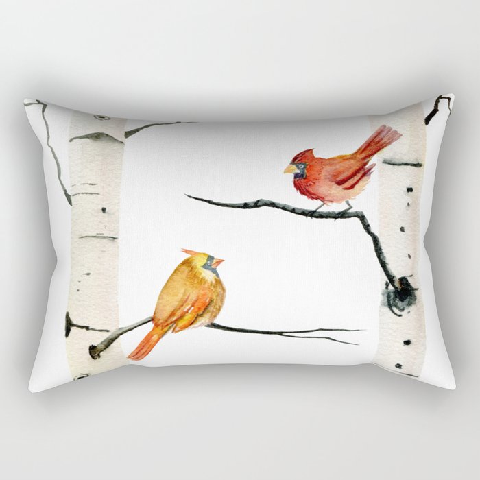 Cardinal Couple in Birch Trees Rectangular Pillow Gallery Image 1