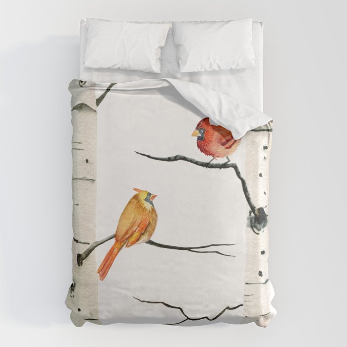 Cardinal Couple in Birch Trees Duvet Cover Gallery Image 1